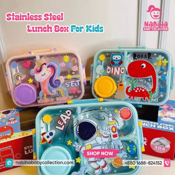Dino & Unicorn Stainless Steel Lunch Box – 4-Compartment Leakproof Bento Set