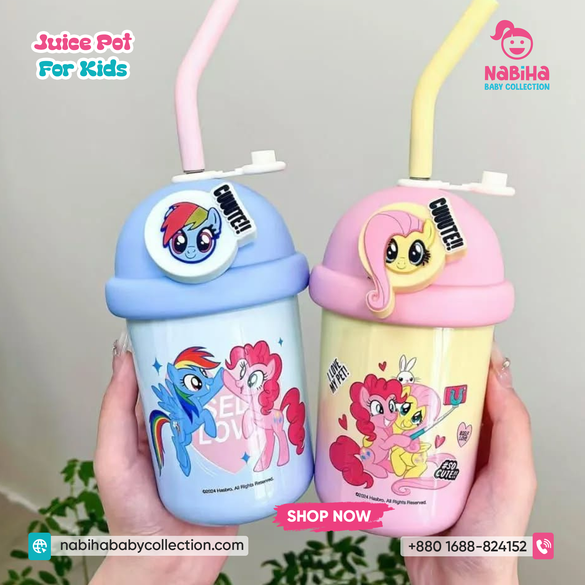 Kids Straw Tumbler Cup — Dome Lid, Silicone Straw, Cute Pony Prints 500ml