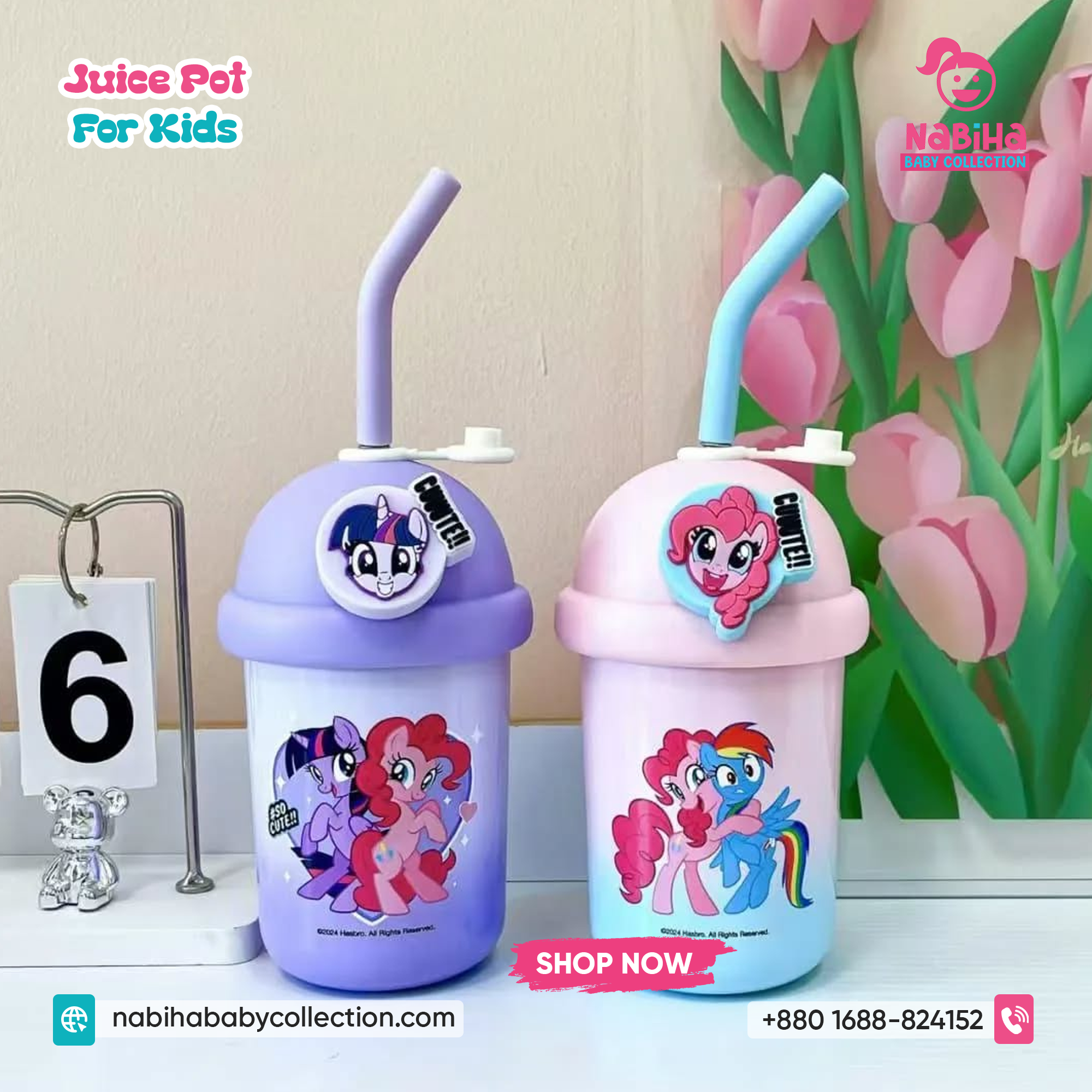 Kids Straw Tumbler Cup — Dome Lid, Silicone Straw, Cute Pony Prints 500ml