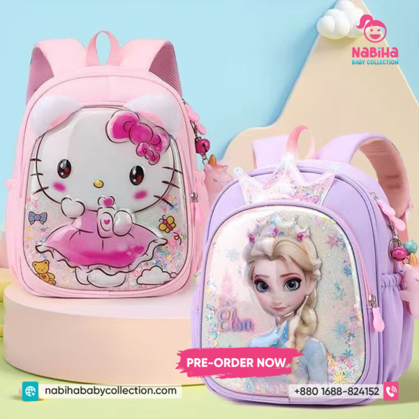 Premium 3D Glitter School Backpack for Girls – Elsa & Hello Kitty Edition