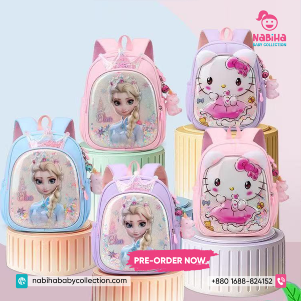 Premium 3D Glitter School Backpack for Girls - Elsa & Hello Kitty Edition