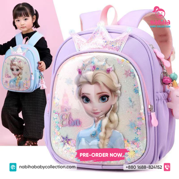 Premium 3D Glitter School Backpack for Girls – Elsa & Hello Kitty Edition