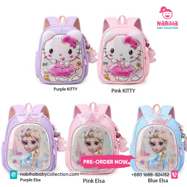 Premium 3D Glitter School Backpack for Girls – Elsa & Hello Kitty Edition