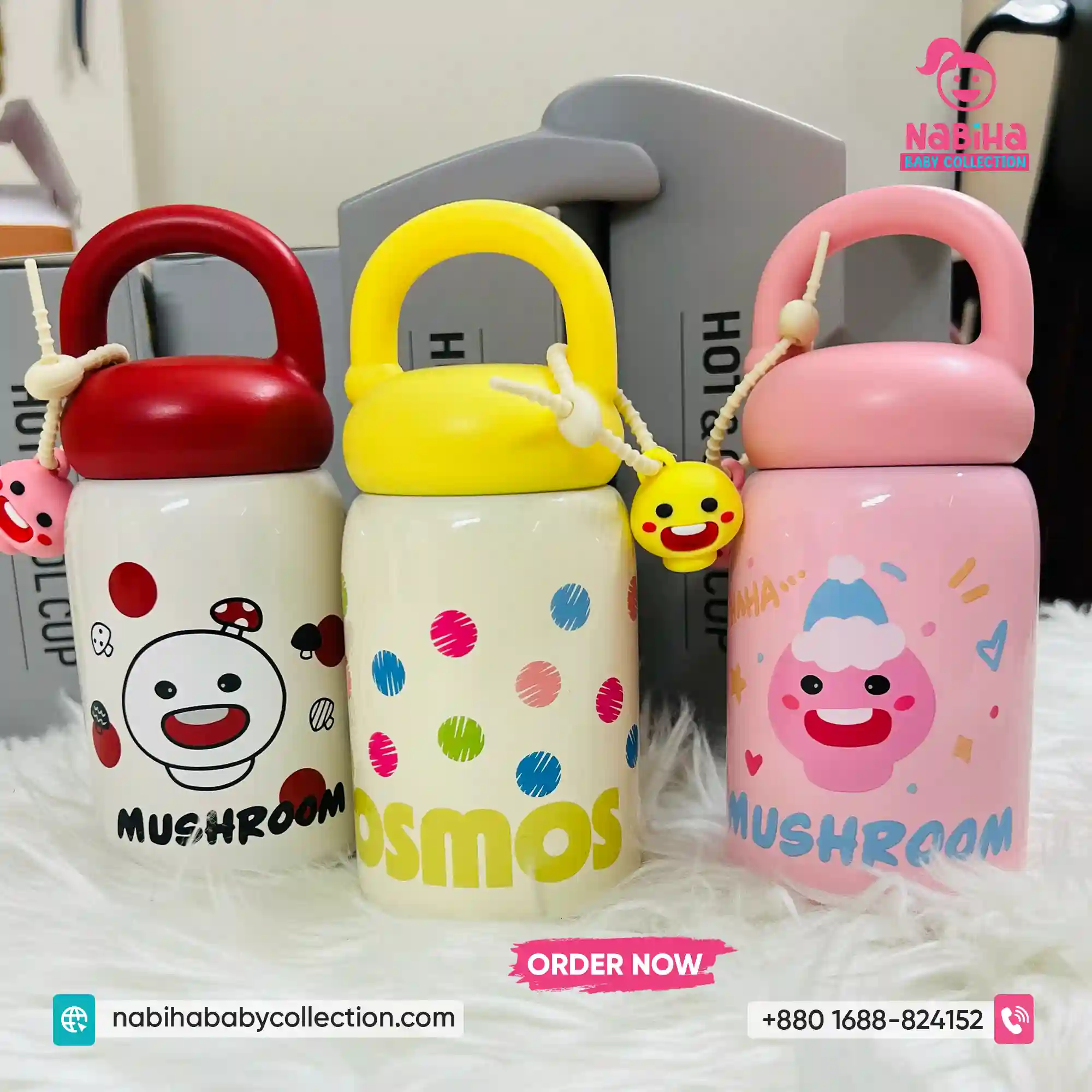 Mushroom & Cosmos Mini Thermos Water Bottle with Loop Handle