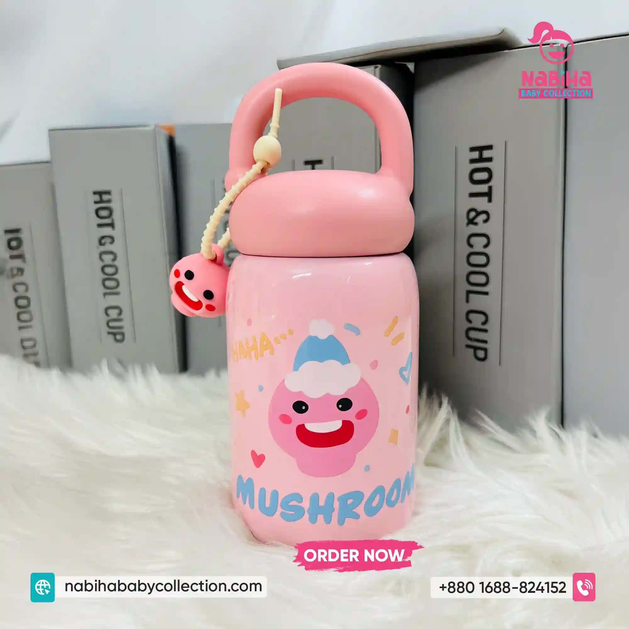 Mushroom & Cosmos Mini Thermos Water Bottle with Loop Handle