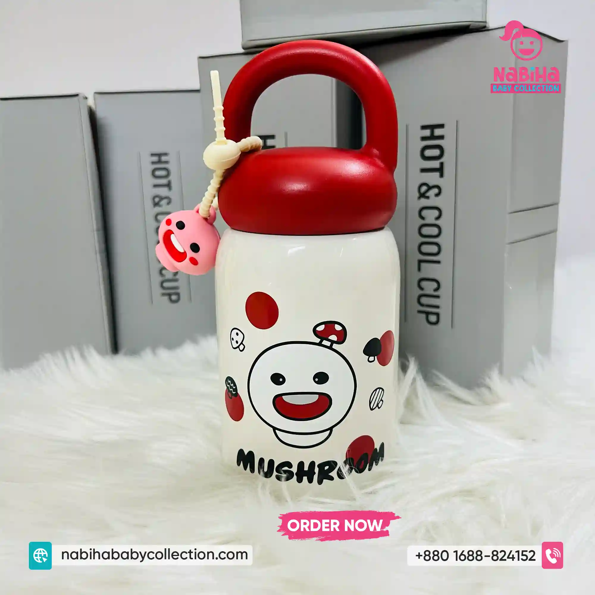 Mushroom & Cosmos Mini Thermos Water Bottle with Loop Handle