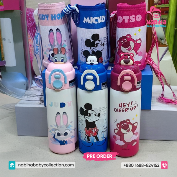 Premium Disney 3D Character Thermos Bottle with PU Leather Pouch & Straw