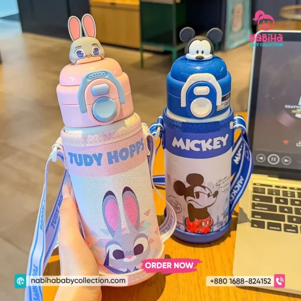 Premium Disney 3D Character Thermos Bottle with PU Leather Pouch & Straw