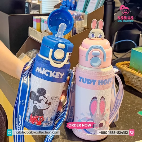 Premium Disney 3D Character Thermos Bottle with PU Leather Pouch & Straw