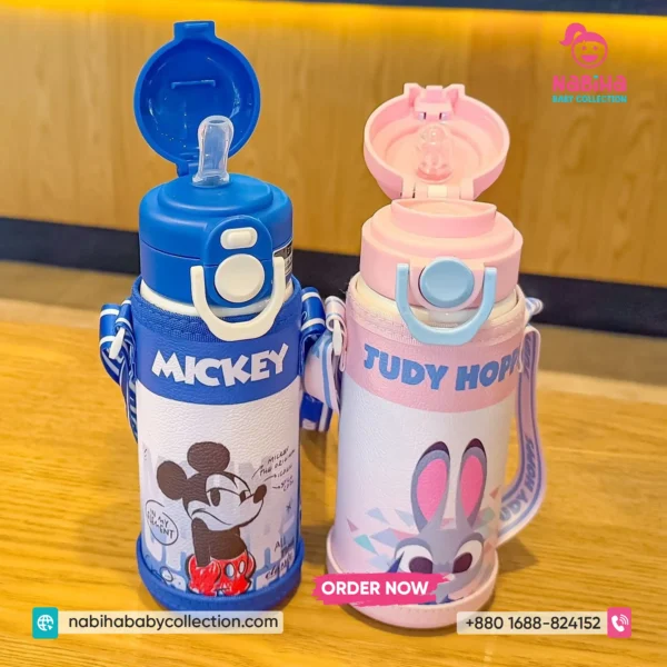 Premium Disney 3D Character Thermos Bottle with PU Leather Pouch & Straw