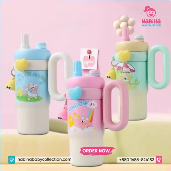 Cute Pastel Large Capacity Thermos Bottle with Big O-Ring Handle (850ml)