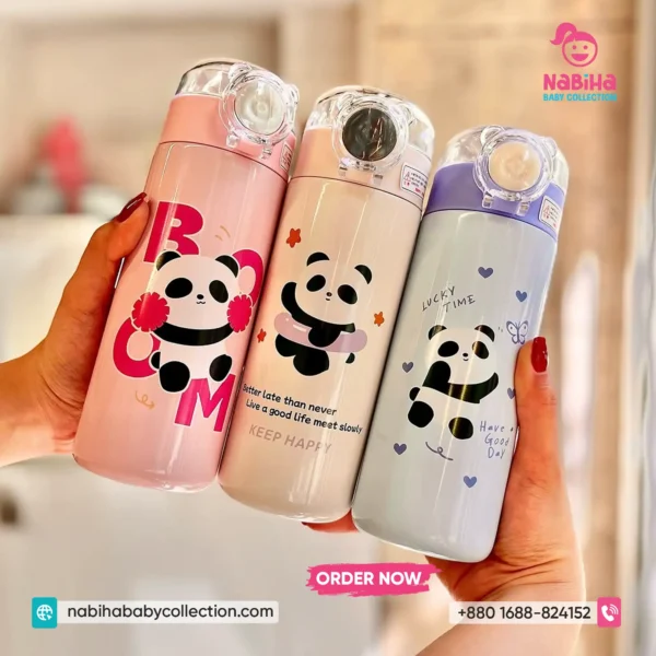 Cute Panda Theme Thermos Sipper Bottle with Clear Bear-Ear Lid & Straw