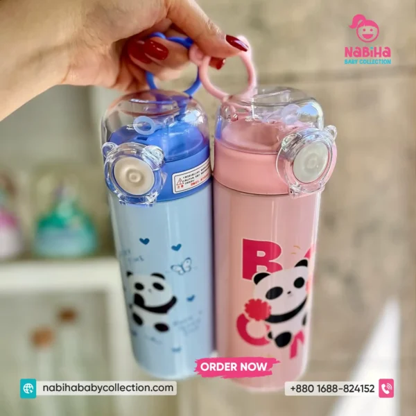 Cute Panda Theme Thermos Sipper Bottle with Clear Bear-Ear Lid & Straw