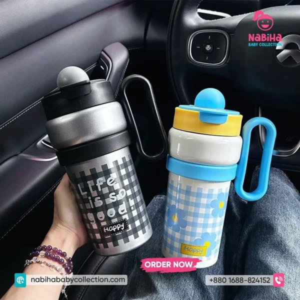 Premium Checkered Pattern Aesthetic Thermos Sipper Bottle with O-Ring Handle