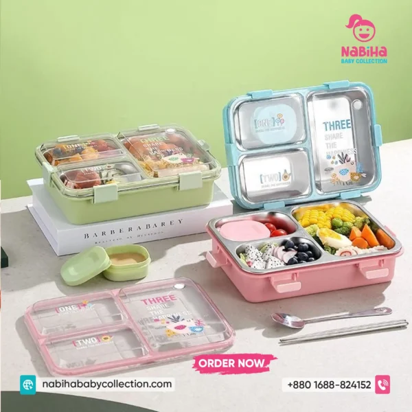 Premium 4-Compartment Stainless Steel Lunch Box with Soup Bowl & Utensils