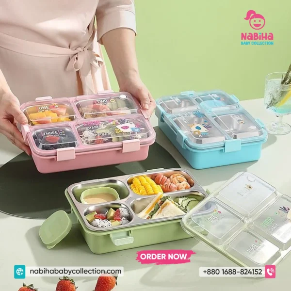Premium 4-Compartment Stainless Steel Lunch Box with Soup Bowl & Utensils