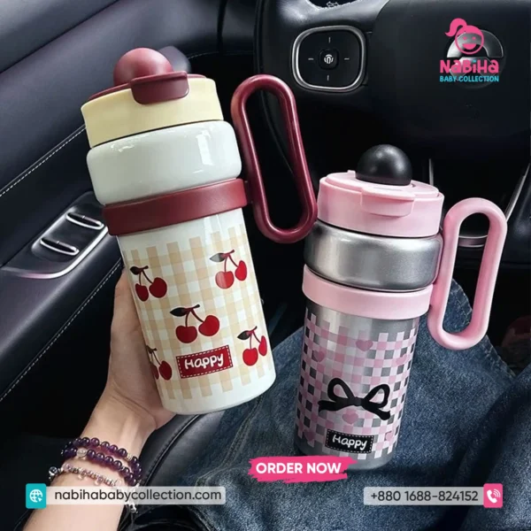 Premium Checkered Pattern Aesthetic Thermos Sipper Bottle with O-Ring Handle