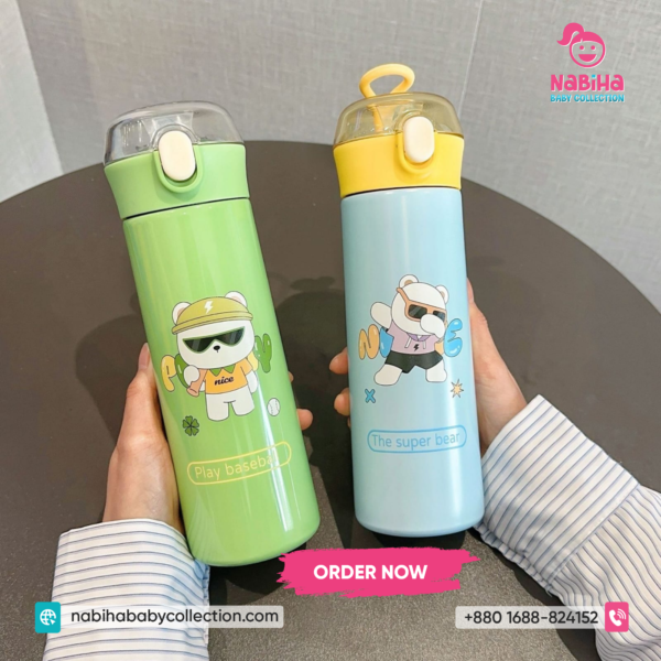Cartoon Bear Kids Insulated Water Bottle with Straw