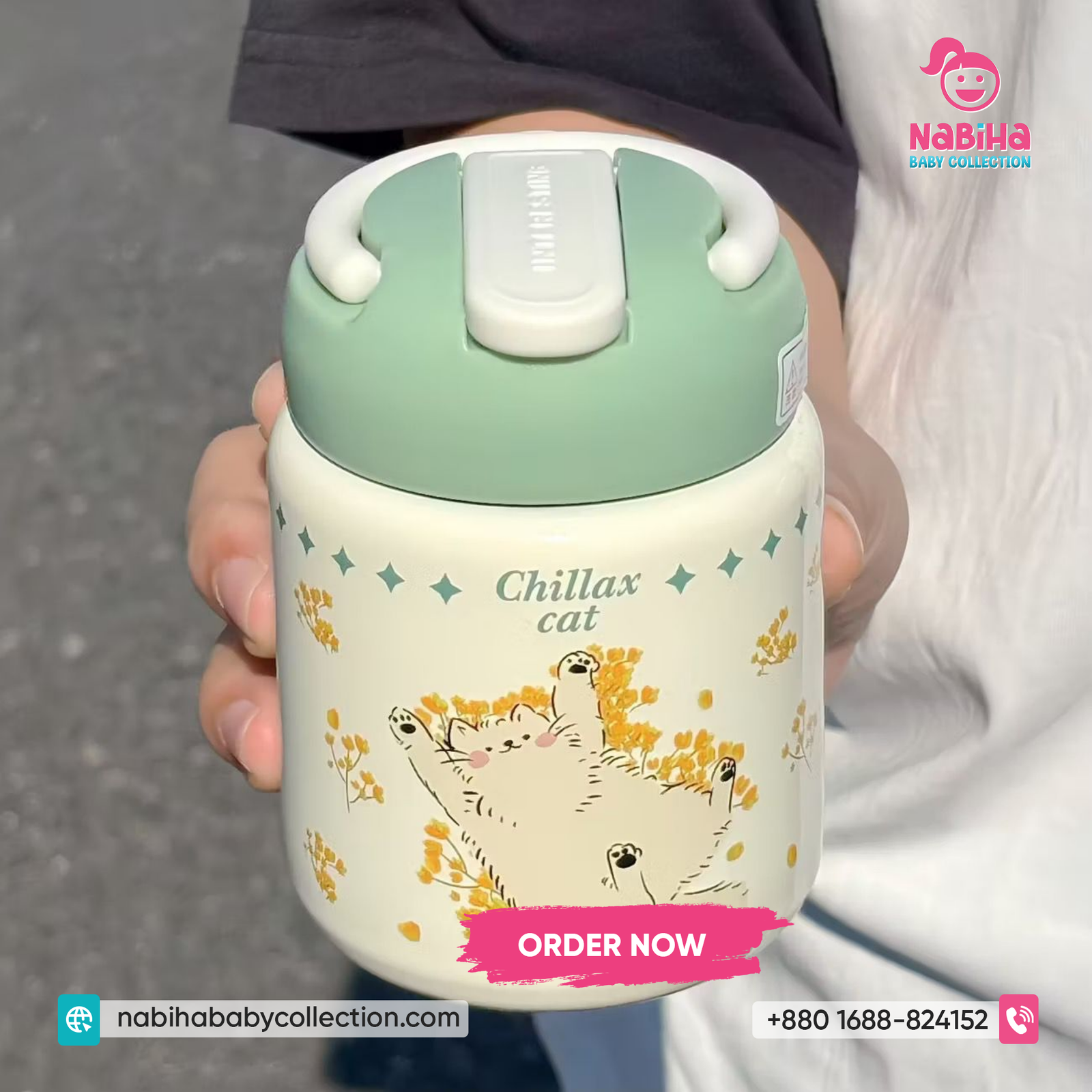 Cute Cat Kids Insulated Straw Water Bottle
