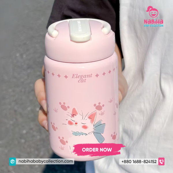 Cute Cat Kids Insulated Straw Water Bottle - Pink, 360ml