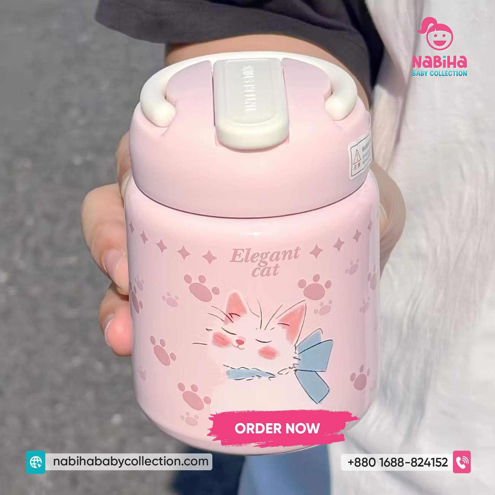Cute Cat Kids Insulated Straw Water Bottle