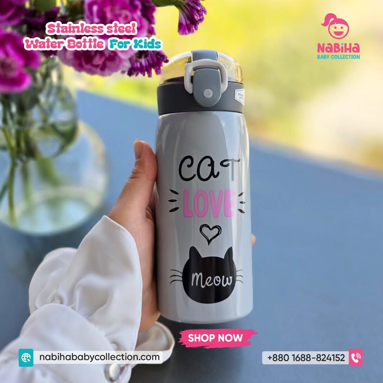 Cat Design Kids Stainless Steel Water Bottle
