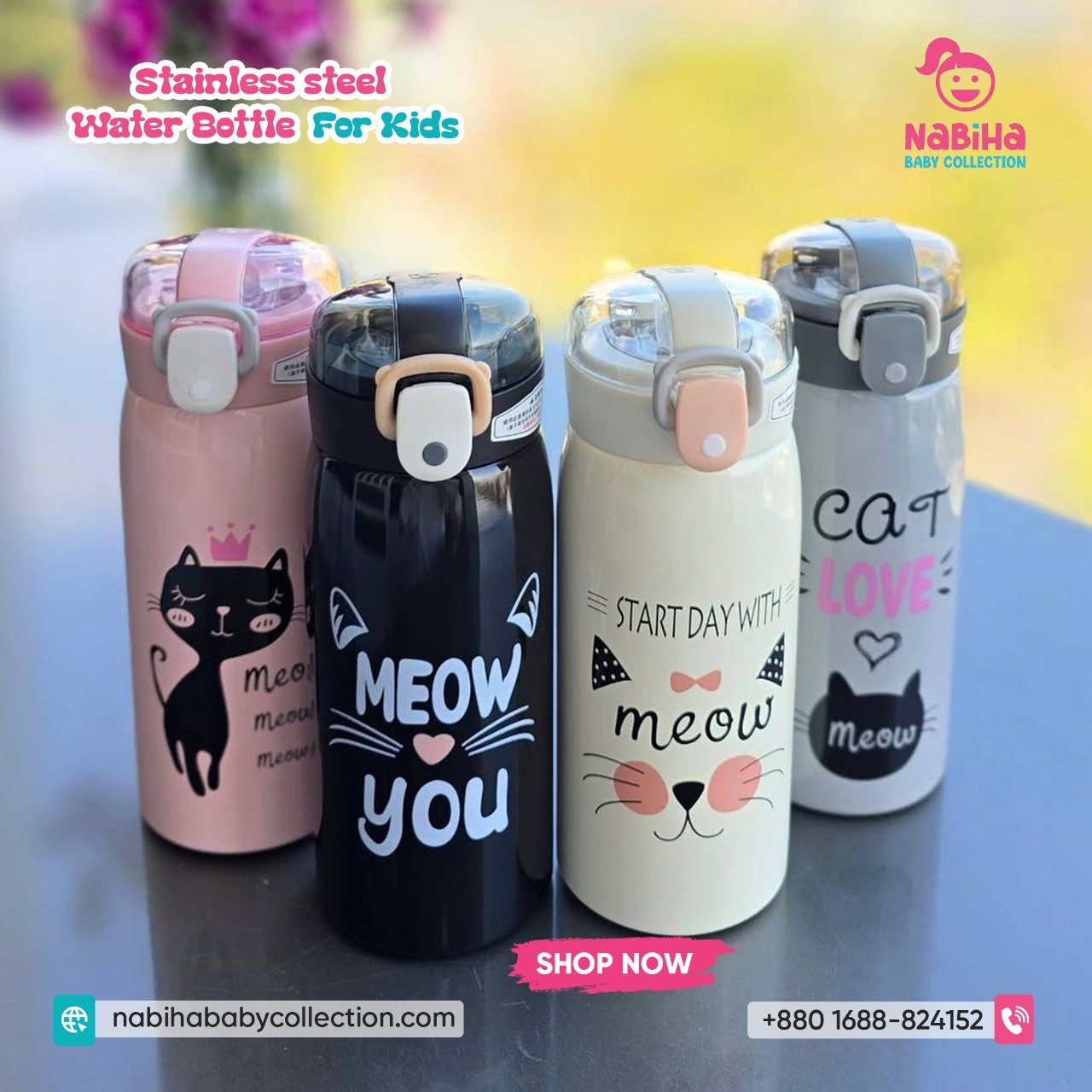 Cat Design Kids Stainless Steel Water Bottle