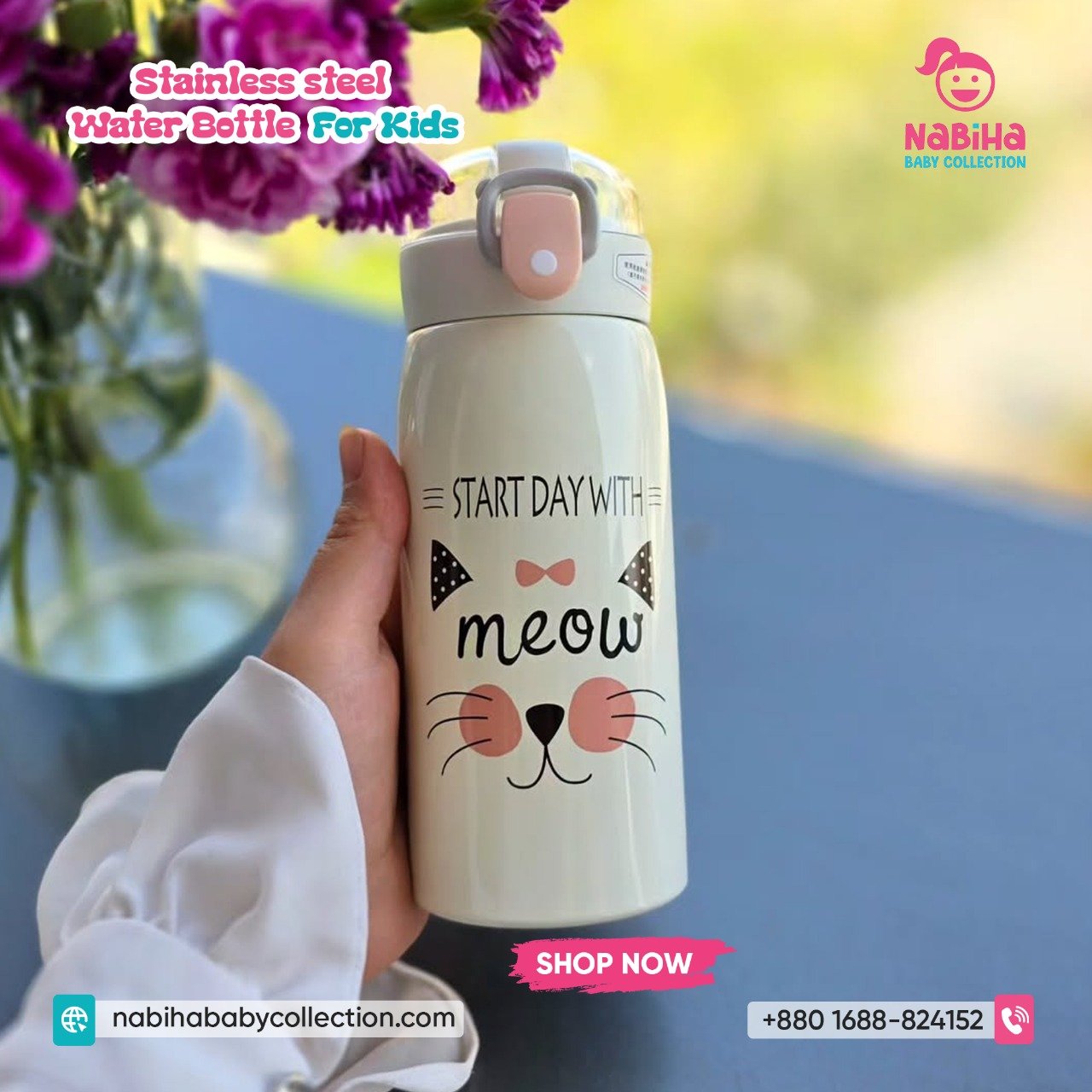 Cat Design Kids Stainless Steel Water Bottle