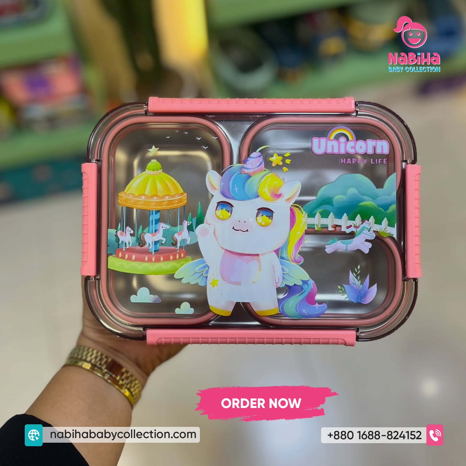 Unicorn & Dino Kids Stainless Steel Lunch Box – Leak Proof 4 Compartment Tiffin Box