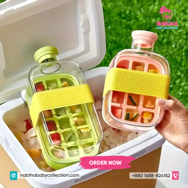 Ice Cube Water Bottle with Built-in Ice Tray – Leak Proof Juice Bottle with Straw