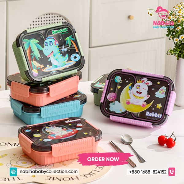 Unicorn & Dino Kids Stainless Steel Lunch Box – Leak Proof 3 Compartment Tiffin Box