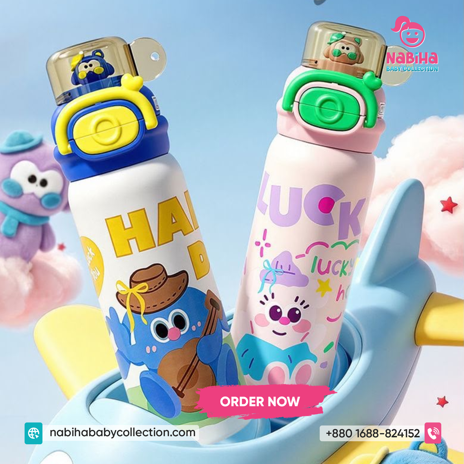 Lucky Cartoon Kids Stainless Steel Water Bottle – Leak Proof Thermal Flask