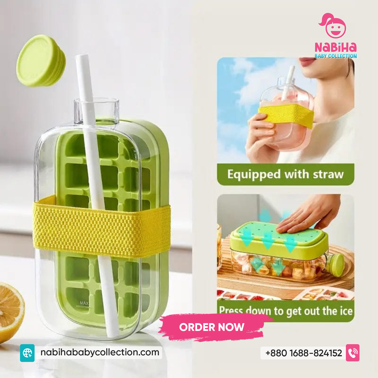Ice Cube Water Bottle with Built-in Ice Tray – Leak Proof Juice Bottle with Straw