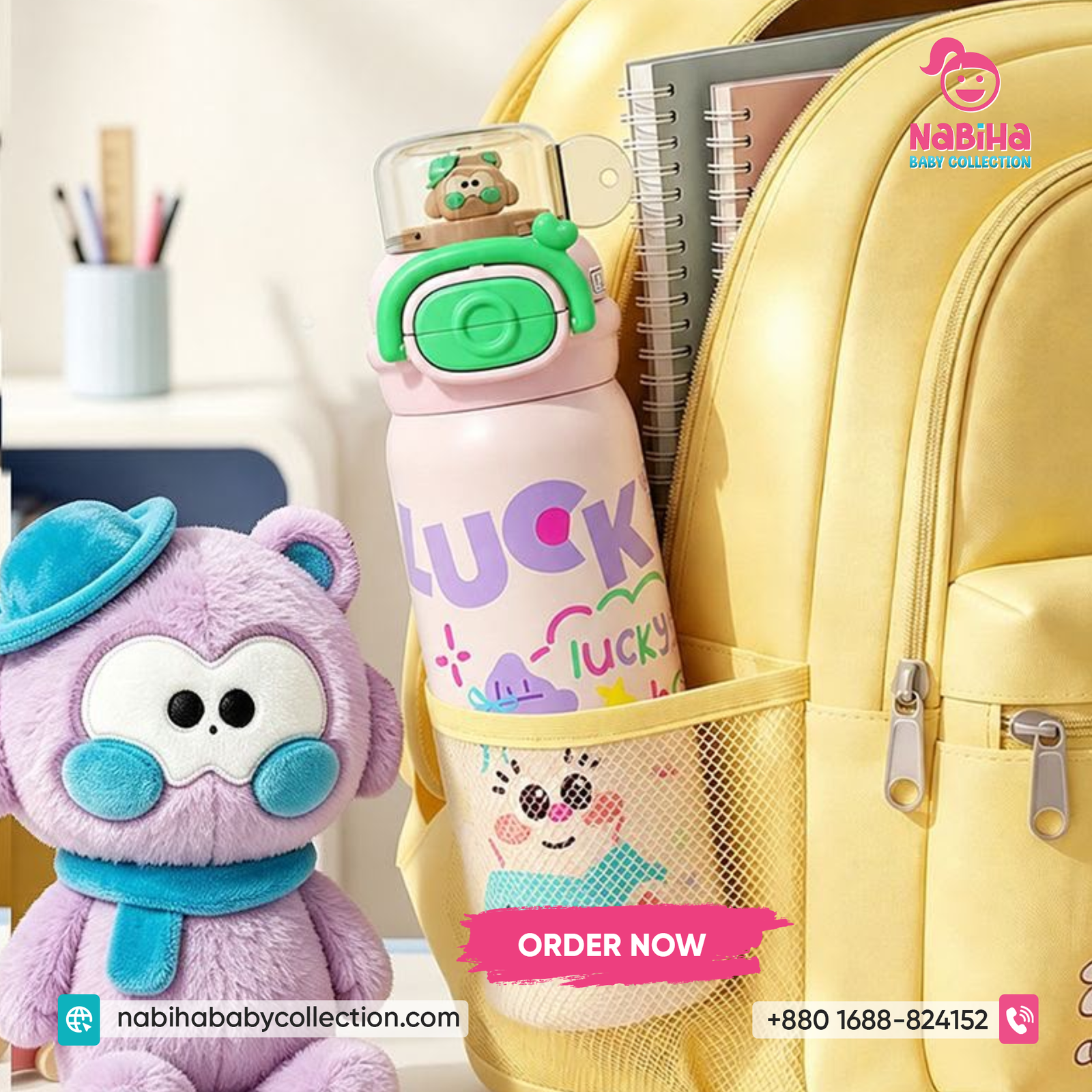 Lucky Cartoon Kids Stainless Steel Water Bottle – Leak Proof Thermal Flask