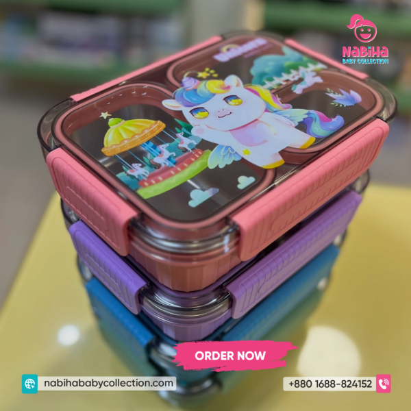 Unicorn & Dino Kids Stainless Steel Lunch Box – Leak Proof 4 Compartment Tiffin Box