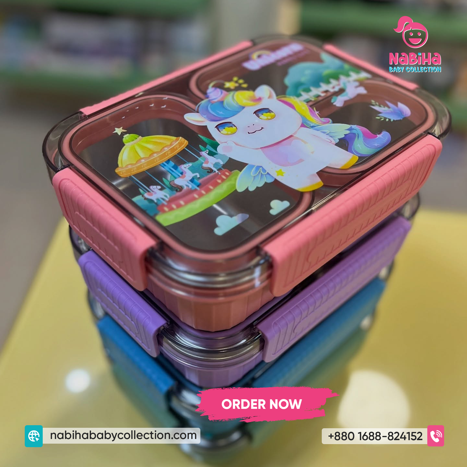 Unicorn & Dino Kids Stainless Steel Lunch Box – Leak Proof 4 Compartment Tiffin Box
