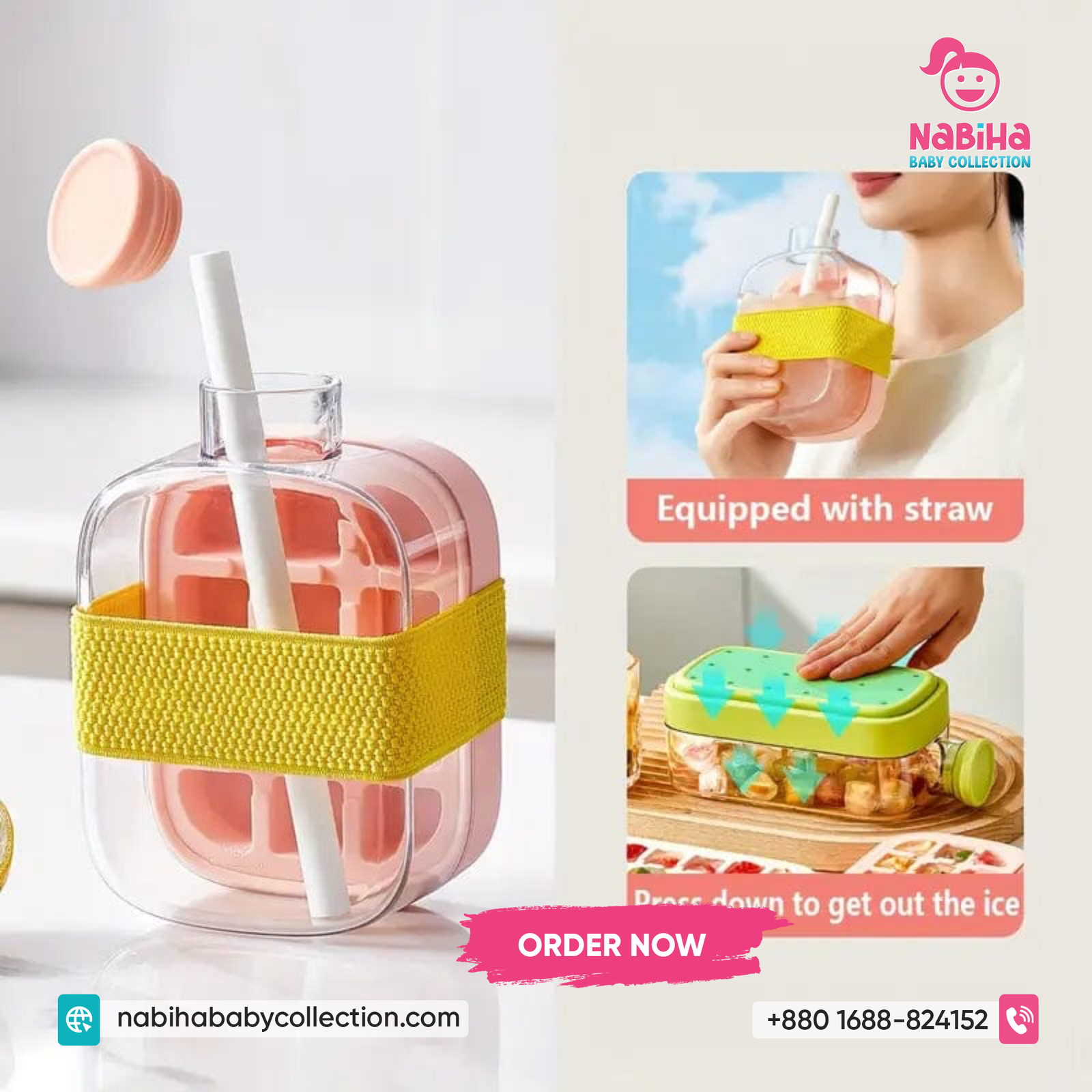 Ice Cube Water Bottle with Built-in Ice Tray – Leak Proof Juice Bottle with Straw