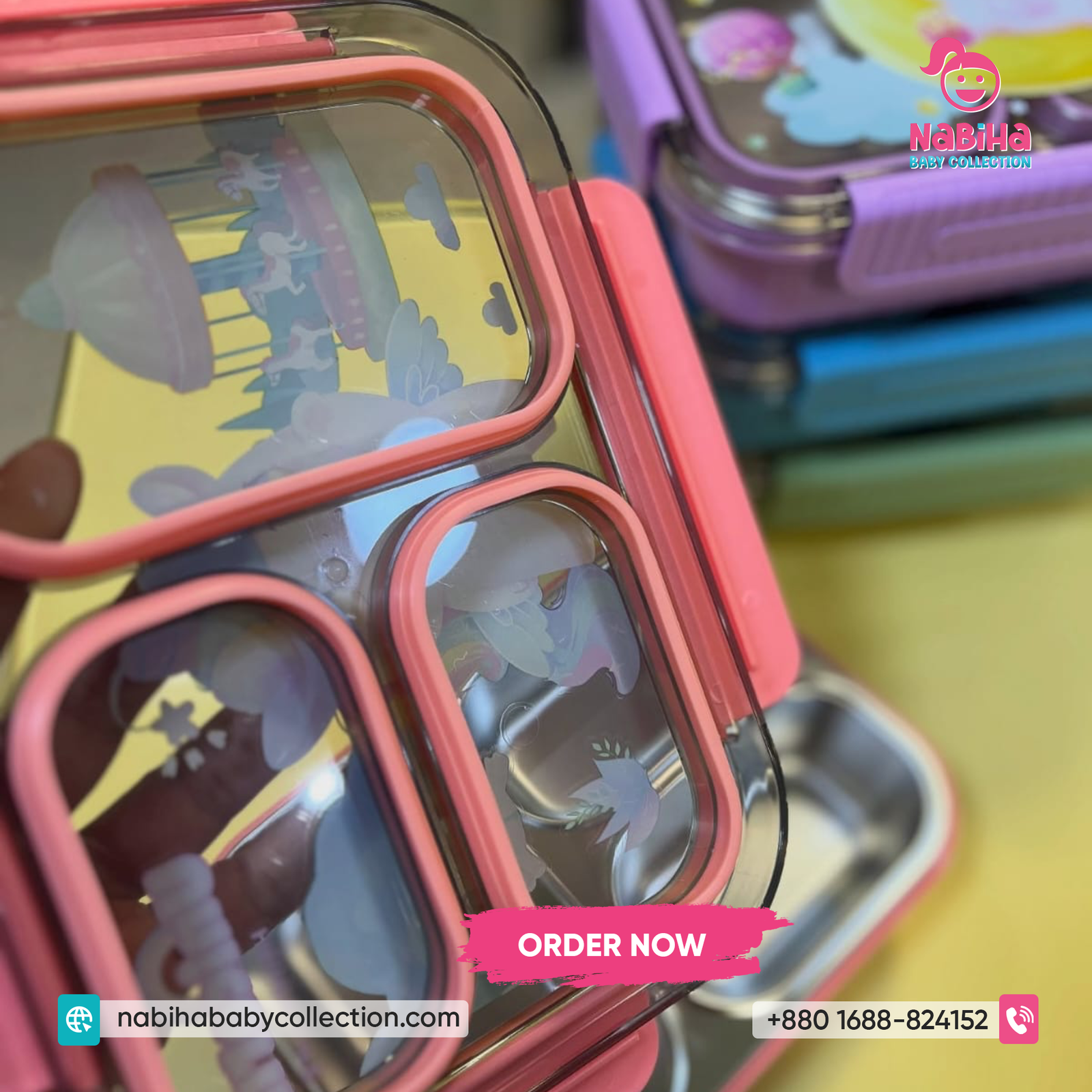 Unicorn & Dino Kids Stainless Steel Lunch Box – Leak Proof 4 Compartment Tiffin Box