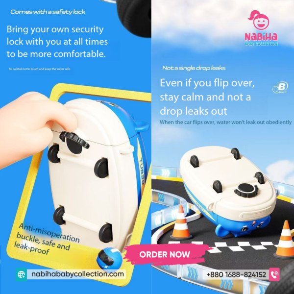 Turbo Bear Bumper Car Water Bottle – Leak Proof Kids Straw Cup with Strap