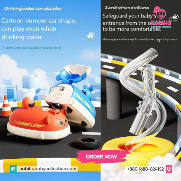 Turbo Bear Bumper Car Water Bottle – Leak Proof Kids Straw Cup with Strap