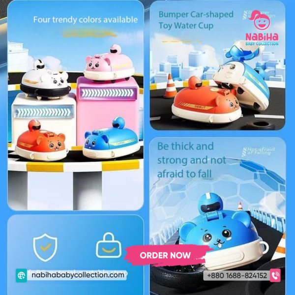 Turbo Bear Bumper Car Water Bottle – Leak Proof Kids Straw Cup with Strap