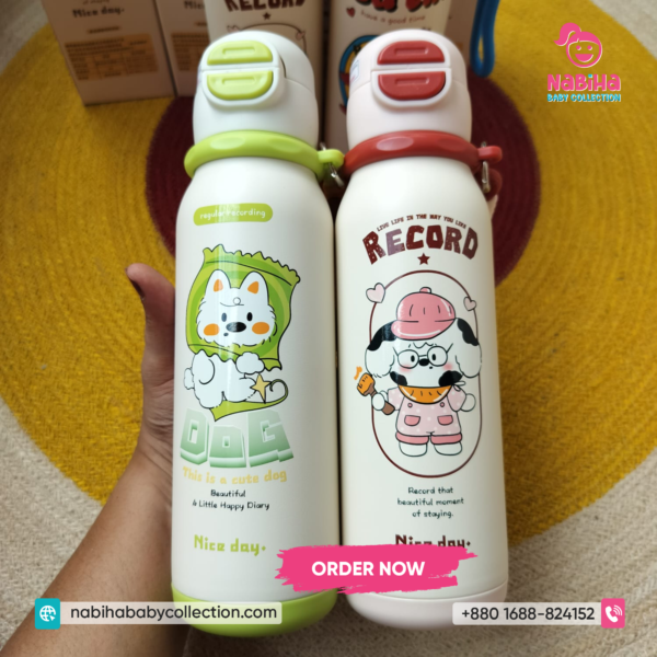 Cartoon Kids Stainless Steel Thermos Bottle – Leak Proof School Water Bottle with Strap