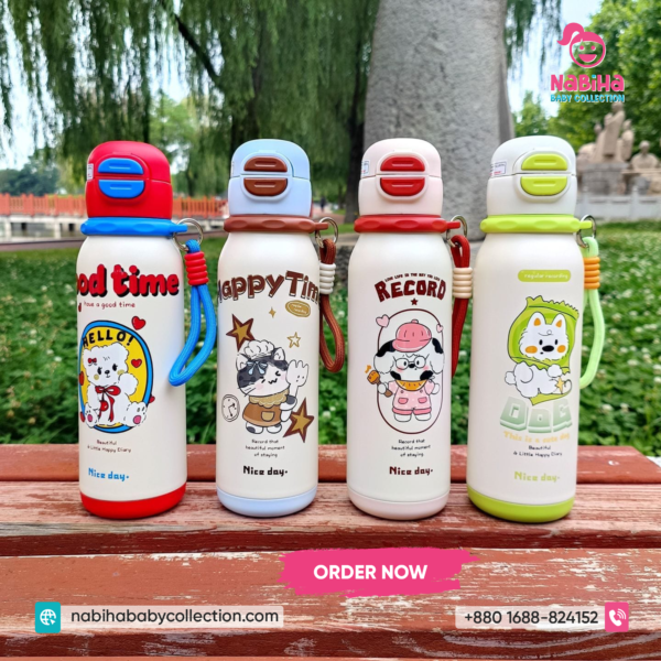 Cartoon Kids Stainless Steel Thermos Bottle – Leak Proof School Water Bottle with Strap
