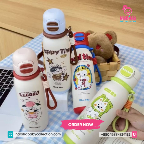Cartoon Kids Stainless Steel Thermos Bottle – Leak Proof School Water Bottle with Strap