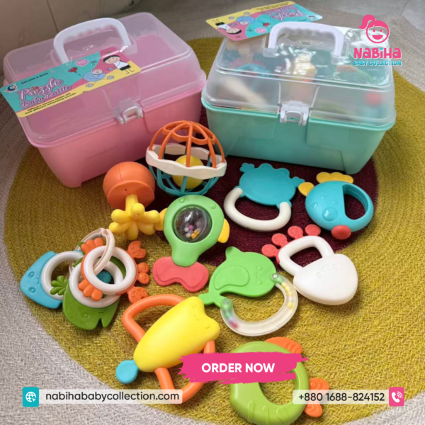Premium Puzzle Baby Rattle & Teether Set – 14 Pcs Newborn Toy Combo
