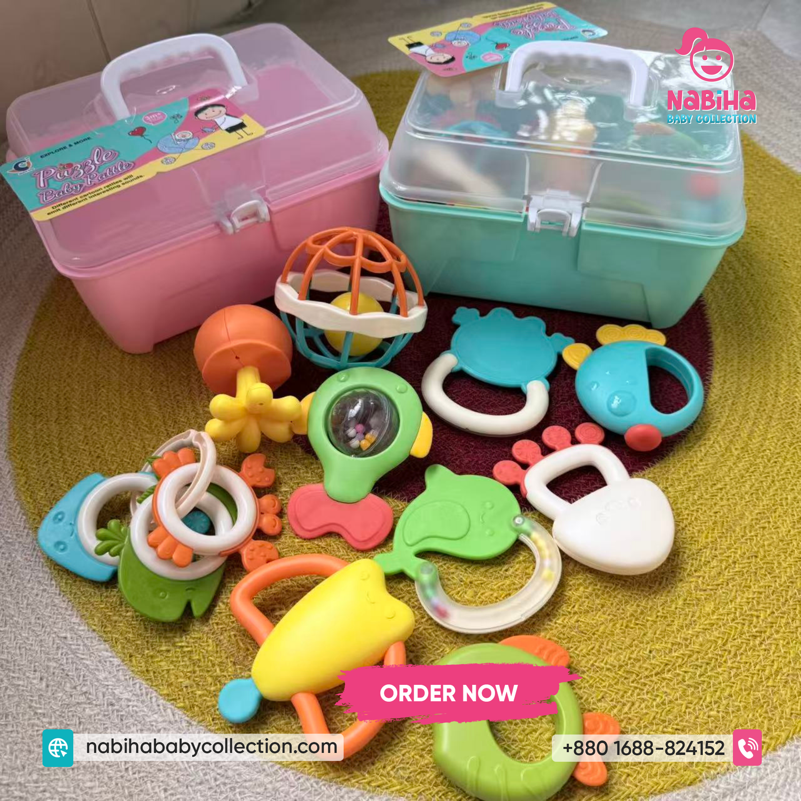 Premium Puzzle Baby Rattle & Teether Set – 14 Pcs Newborn Toy Combo